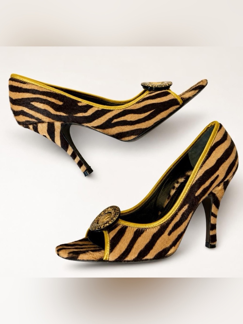 Fendi Calfhair Zebra Peep-Toe Heel, Gold Flagship Emblem, 36.5, some balding - Picture 2 of 16